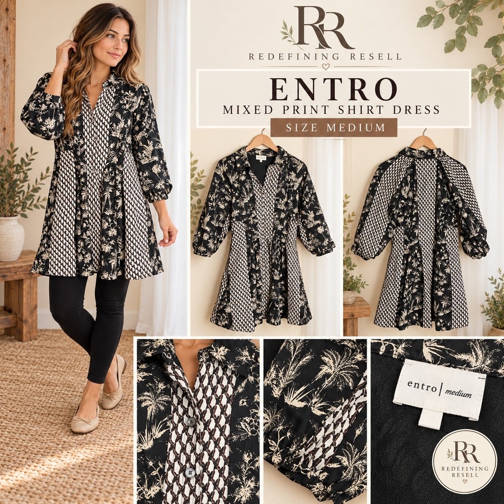 Entro Mixed Print Shirt Dress Black Cream Palm Geometric D28202 Medium
